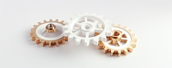Three white gears on a White background, laid flat, copy space concept for business technology and development in the abstract vector with copy space for photo text or product, blank empty copyspace