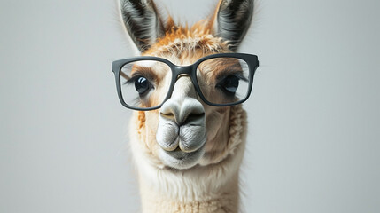 Fototapeta premium Close Up Portrait of Cute Alpaca Wearing Black Glasses on Light Grey Background