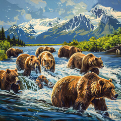 A group of brown bears fishing in a stream, their powerful paws swiping at the rushing water as they skillfully catch their dinner, a harmonious scene of nature's bounty