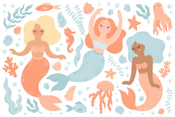 Cute cartoon mermaids and underwater life set. Vector hand-drawn sea elements.