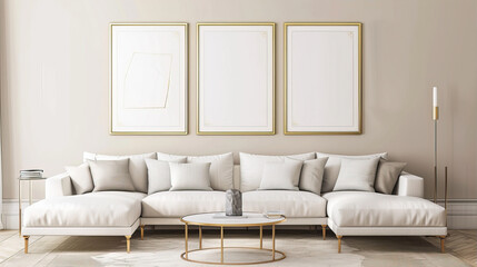 Three blank white posters in a bright room on the wall above the sofa
