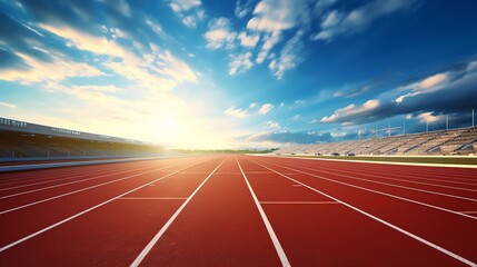 a running track with white lines and blue sky