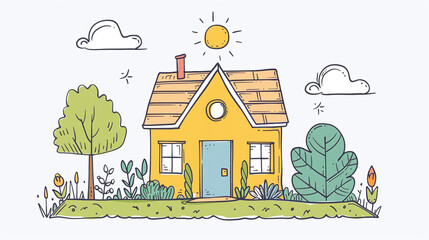 Sunny Day Quaint Yellow House with Tree and Garden Illustration