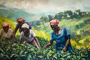 Unidentified tea gardeners at tea plantation in Chiang Mai, Thailand. Colourful painting on wall. - obrazy, fototapety, plakaty