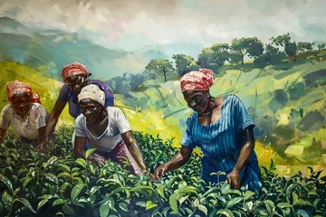 Foto op Canvas Unidentified tea gardeners at tea plantation in Chiang Mai, Thailand. Colourful painting on wall. © Oleh