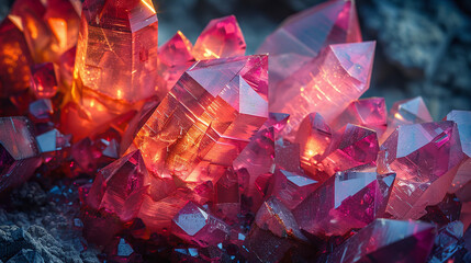 Vibrant Ruby Crystal Formations Glowing in Moody Twilight Light - obrazy, fototapety, plakaty