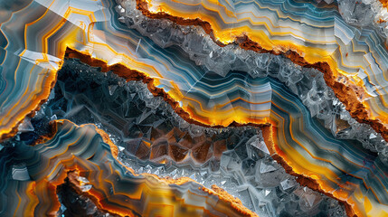 Vibrant Agate Stone Macro Texture Showcasing Natural Earth Tones and Crystal Details - obrazy, fototapety, plakaty