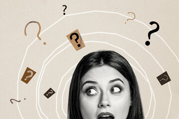 Composite photo collage of surprised girl peek mouth open question mark secret gossips information...