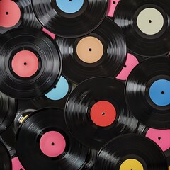 A collection of black and colorful vinyl records on a yellow and blue background