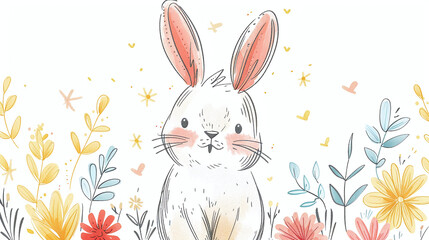 Adorable Bunny Surrounded by Colorful Flowers and Golden Stars Illustration