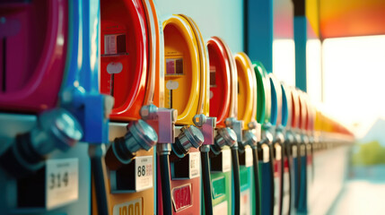 Colorful fuel gasoline, Colorful Fuel Pump Array - obrazy, fototapety, plakaty