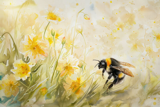 Bumblebee flying in flowers watercolor painting