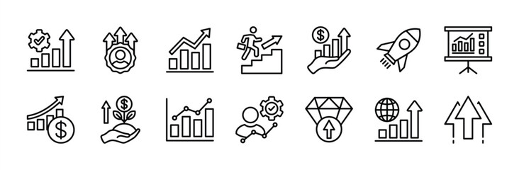 Business growth thin line icon set. Containing performance, chart, grow, graph, statistic, increase, development, improvement, career, investment, profit, success arrow, achievement vector 