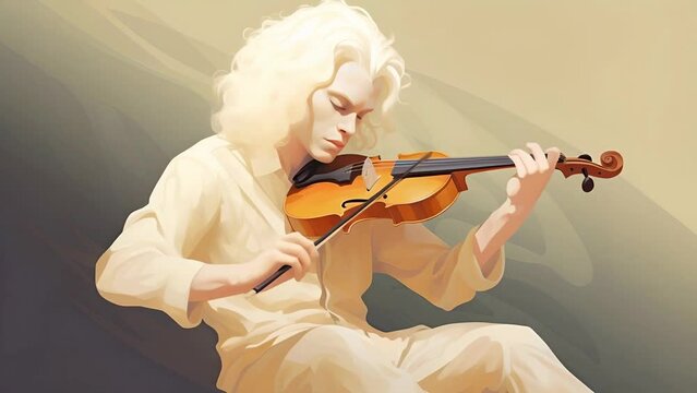 Handsome talented albino man with white hair plays the violin