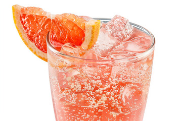 A sparkling glass of grapefruit soda with a grapefruit wedge garnish, a tangy and bubbly summer soft drink option isolated on solid white background. - obrazy, fototapety, plakaty