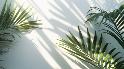 Hazy palm leaf shadows merging softly on a white background, reminiscent of tranquil spring days.