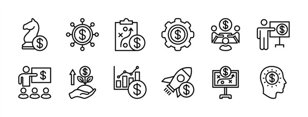 Financial business strategy thin line icon set. Containing creativity, creative, teamwork, startup, thinking, discussion, meeting, education, growth graph, solution, connection. Vector illustration