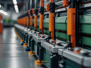 Fototapeta premium A selective focused close-up view of a mass production assembly line for electric vehicle battery cells, emphasizing the leading line concept, battery