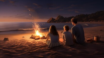 Father with two kids are sitting near bonfire at the beach at sunset