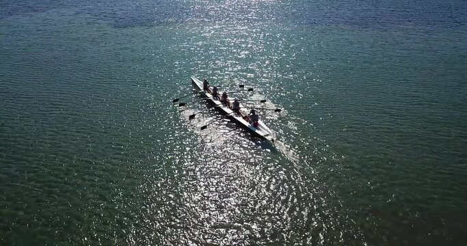 Exercising coxed rowing team aerial drone view of a sports canoe competition, athletes synchronise movements in calm, deep blue sea. Teamwork concept in 4K resolution. Rear high angle view.