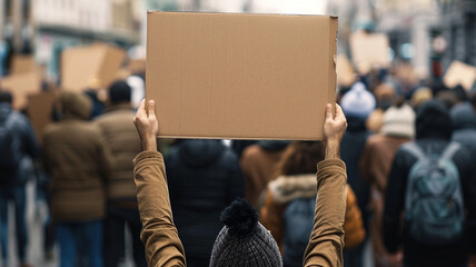 A person holding an empty cardboard sign at the front of a crowd