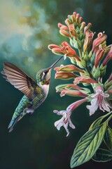Fototapeta premium Vibrant painting of a hummingbird feeding on a blooming flower with lush green leaves in background in natural setting