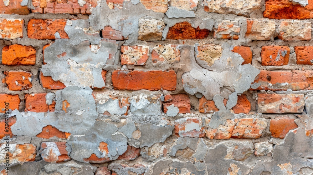 Wall mural Close-Up of a Weathered Brick Wall with Numerous Layers of Paint