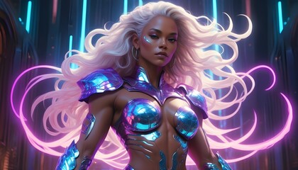 The beautiful Goddess of local bodybuilders, a fusion of ancient myths and futuristic aesthetics, is a powerful figure clad in shimmering armor crafted from luminescent exoskeleton armor.