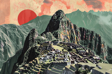Contemporary style minimalist artwork collage illustration of Machu Picchu, Peru - obrazy, fototapety, plakaty