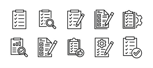 Evaluation thin line icon set. Containing checklist, review, quality, survey, analysis, document, business management data, inspection, statistic, inspecting, statement, report, test vector