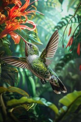Fototapeta premium Vibrant hummingbird in flight among lush jungle foliage with colorful flowers in the foreground