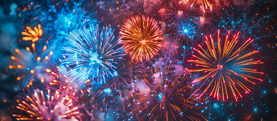 Colorful fireworks in the night sky. Holiday, new year celebration background. 