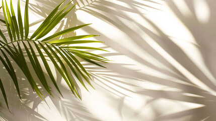 Sun-kissed palm leaf shadows dancing gracefully on a clean white surface, embodying the tranquility of summer.