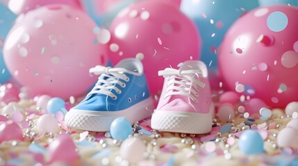 Adorable Baby Shoes with Whimsical Balloons and Confetti on Soft Blanket for Newborn or Gift