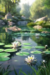 The photo depicts a pond with a plethora of water lilies covering its surface.