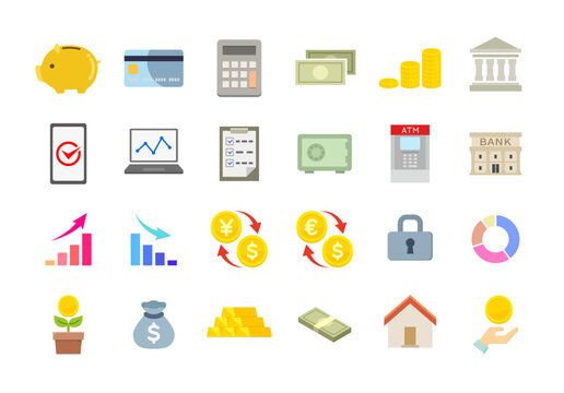 金融・投資・銀行・決済のフラットアイコンセット / Finance & Investment Flat Icon Set