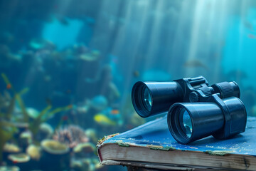 A pair of binoculars next to a marine biology book, symbolizing the exploration of sea life, against a deep-sea exploration background for World Ocean Day