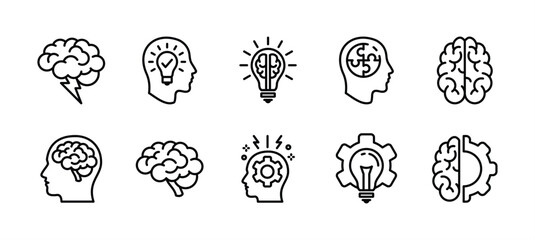 Brainstorm icon set. Containing creativity, thinking, brain, idea, creative, light bulb, mind, intelligence, imagination, plan, solution, innovation, inspiration, smart, genius, education, science