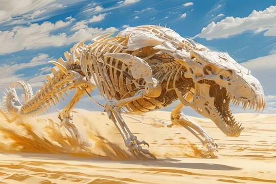 A dynamic image of a dragon's skeleton emerging fiercely from the desert sands, invoking a sense of fantasy and ancient legends.