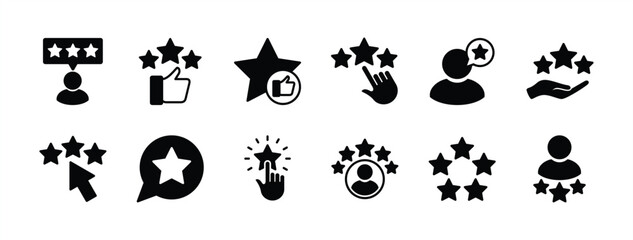 Customer review, rating, and feedback icon set. Containing testimonial, survey, opinion, satisfaction, service, life events, quality, evaluation, test, result, communication. Vector illustration
