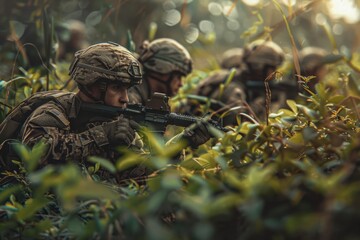 A group of soldiers engaged in reconnaissance activities, hidden and gathering intelligence in the bushes.
