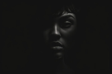 Beautiful serious woman in darkness. Closeup portrait in dark shadow low key.