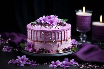 Obraz na płótnie Canvas Wedding cake with violet cream cheese frosting decorated with caramel vase and golden chocolate spheres on the purple background. Luxury anniversary cake with pink chocolate velvet coating