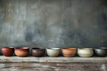 A row of beautifully crafted artisanal pottery bowls in various earthy tones sitting orderly on top of a sturdy wooden table.