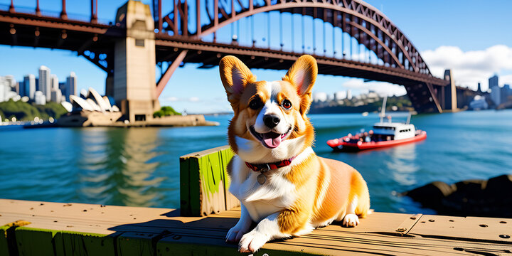 "Harbour Hound: A Corgi's Serene Pose Beneath the Iconic Sydney Harbour Bridge"