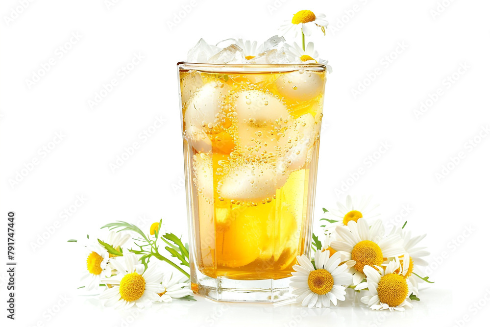 Wall mural a tall glass of iced chamomile tea garnished with chamomile flowers, a soothing and calming summer d