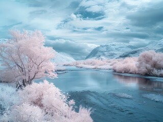 Frozen River Surrounded by Snow-Covered Trees