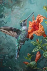 Obraz premium Vibrant Painting of a Hummingbird Surrounded by Orange Flowers on Blue and Green Background