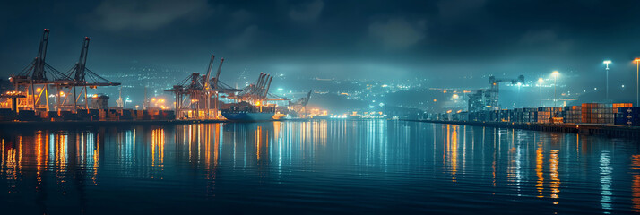 International shipping port at night with reflection of lights on the water surface.