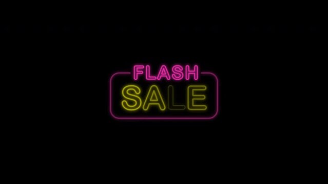 Flash sale shopping neon sign animation. on black background. 4k video